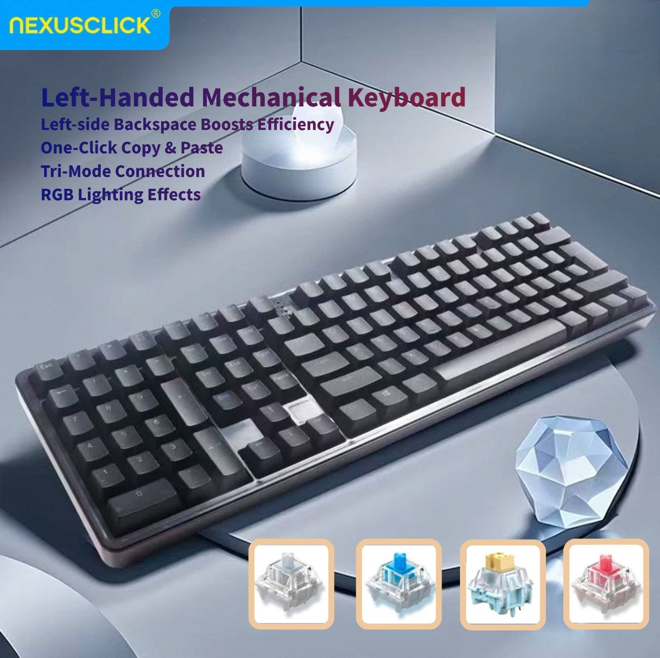 Gaming Keyboard No Number Pad - NexusClick Ergonomik Sol El Kullanımlı Mekanik